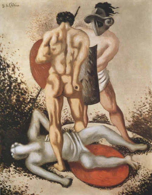 G. de Chirico, Combattimento di gladiatori (Fin de combat), 1927 Olio su tela, 90x70 cm Collezione privata Â© Giorgio de Chirico by SIAE 2024