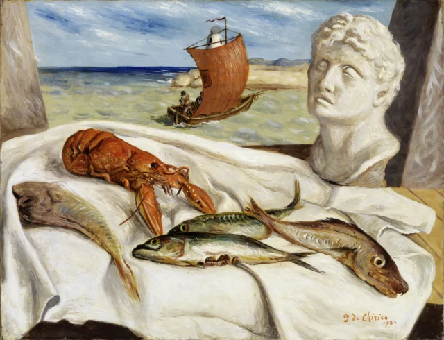 Lâaragosta (Natura morta con aragosta e calco), 1922 - Olio su tela, 77x99 cm - Farsettiarte, Prato - Â© Giorgio de Chirico by SIAE 2024